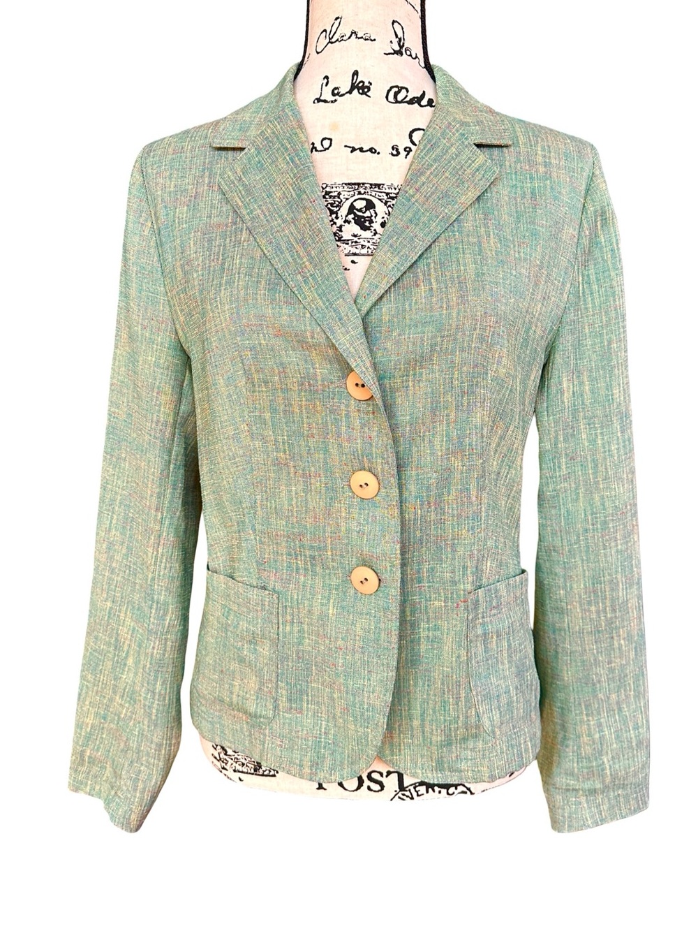 Women’s Light Green Blazer Jacket Size M Beige Buttons Patch Pockets